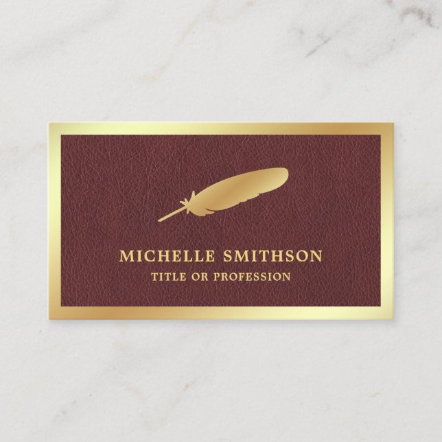 Tarjeta De Visita Bolígrafo de plumas de cuero marrón Relieve metali (Anverso)