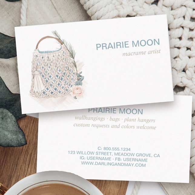 Tarjeta De Visita Bolsa de agua Boho Macrame (Boutique business card with boho feminine macrame crochet bag in neutral color story)
