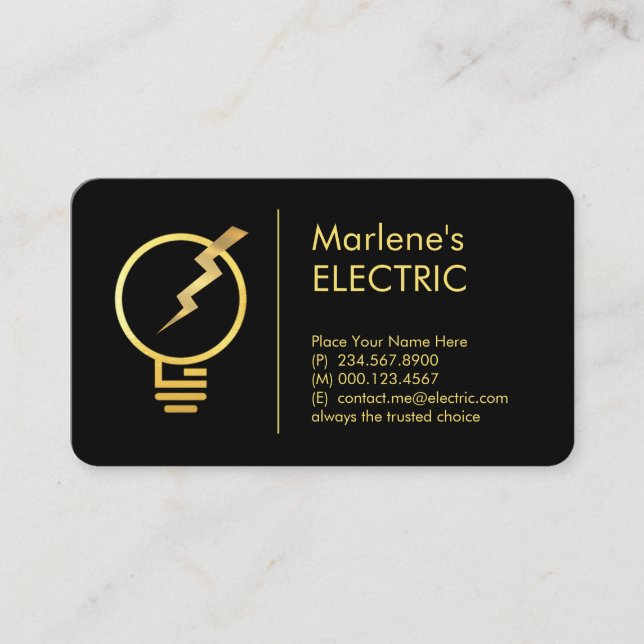 Tarjeta De Visita Bombilla Eléctrica Dorada Poder Relámpago (Anverso)