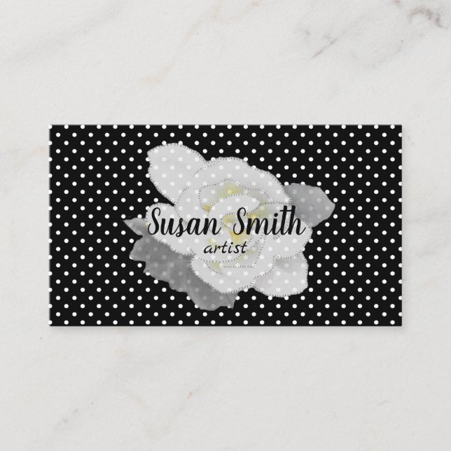 Tarjeta De Visita Bonita gardenia blanca flor Polka blanco negro pun (Anverso)