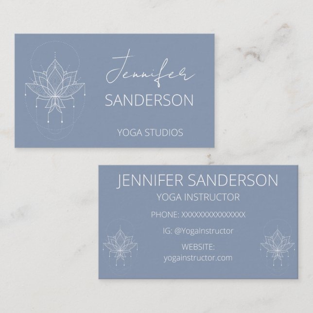 Tarjeta De Visita Bonito Blue Boho Floral Lotus Yoga Instructor (Anverso / Reverso)