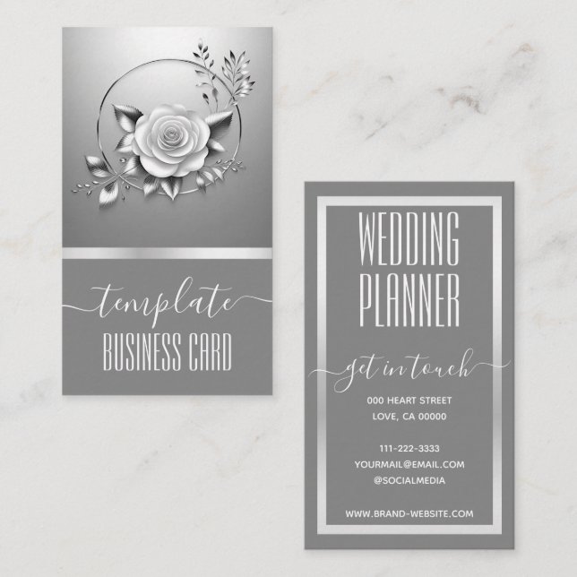 Tarjeta De Visita Bonito de caligrafía plateada de lujo Floral Wreat (Anverso / Reverso)