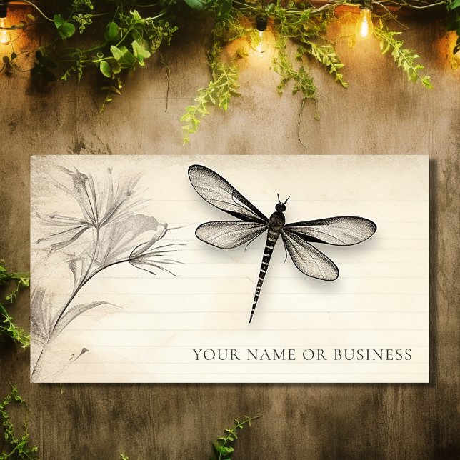 Tarjeta De Visita Bonito Dragonfly Sketch Vintage Journal (Front - Pretty Dragonfly Sketch Vintage Journal Business Card)