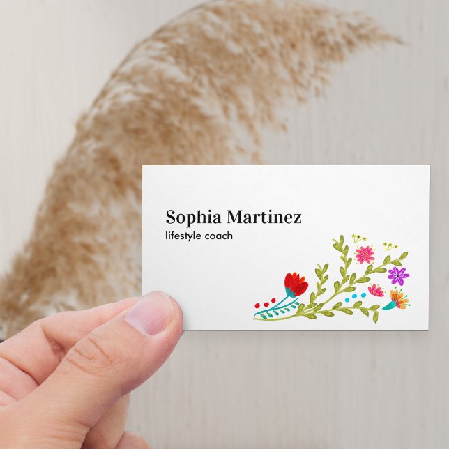 Tarjeta De Visita Bonito Fiesta Floral Bouquet Medios Sociales Blanc (Horizontal Business Card with fiesta floral bouquet)