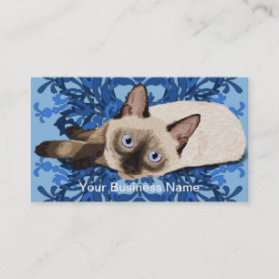 Tarjeta De Visita Bonito floral azul elegante del gato siamés felino