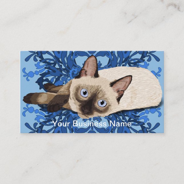 Tarjeta De Visita Bonito floral azul elegante del gato siamés felino (Anverso)