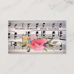 Tarjeta De Visita Bonito Floral Piano Teacher Vintage Hoja de Música