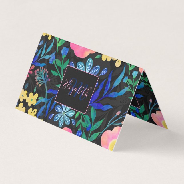 Tarjeta De Visita Bonito Girly Pink Blue Floral Gris diseño (Anverso)