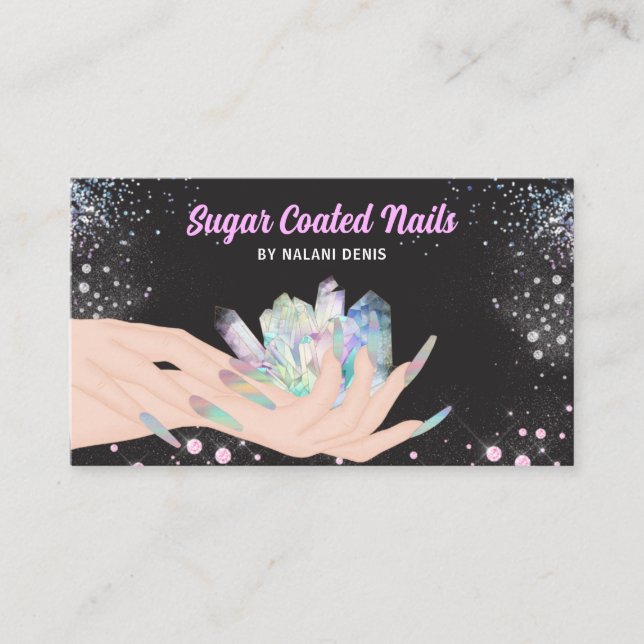 Tarjeta De Visita Bonito Holográfica Crystal Purpurina Nails Busines (Anverso)