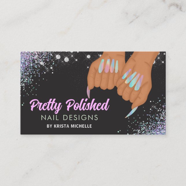 Tarjeta De Visita Bonito Holográfica Purpurina de diamantes Nails (Anverso)
