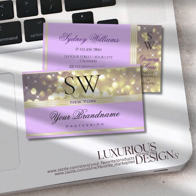 Tarjeta De Visita Bonito Lilac Purple Gold Purpurinas Stars Iniciale (Subido por el creador)