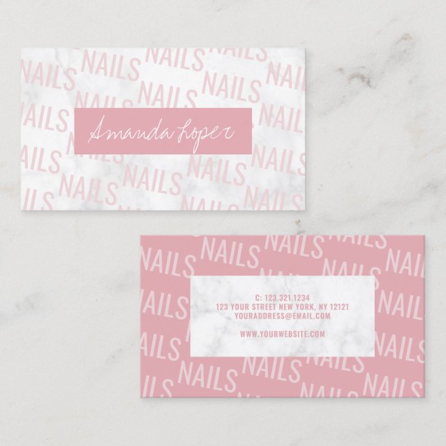 Tarjeta De Visita bonito moderno de mármol blanco y uñas rosas (Anverso / Reverso)