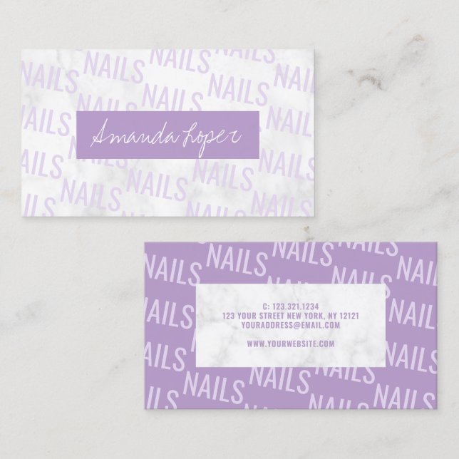 Tarjeta De Visita bonito moderno de mármol blanco y uñas violetas (Anverso / Reverso)