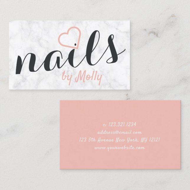 Tarjeta De Visita bonito moderno mármol blanco uñas negras rosas (Anverso / Reverso)