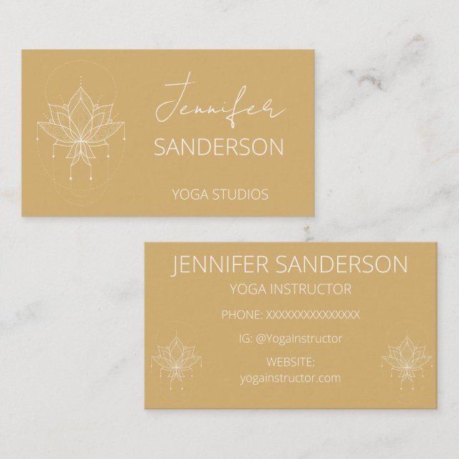 Tarjeta De Visita Bonito Mostaza Amarillo Boho Floral Lotus Yoga (Anverso / Reverso)