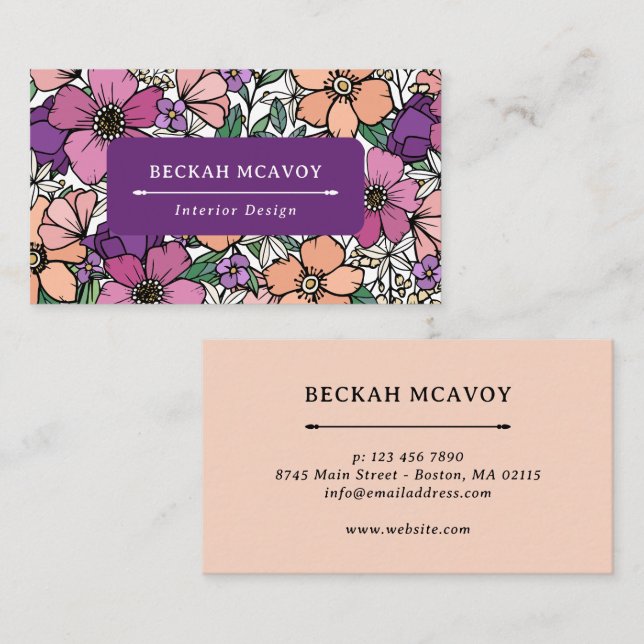 Tarjeta De Visita Bonito Peach & Purple Floral Pattern Business (Anverso / Reverso)