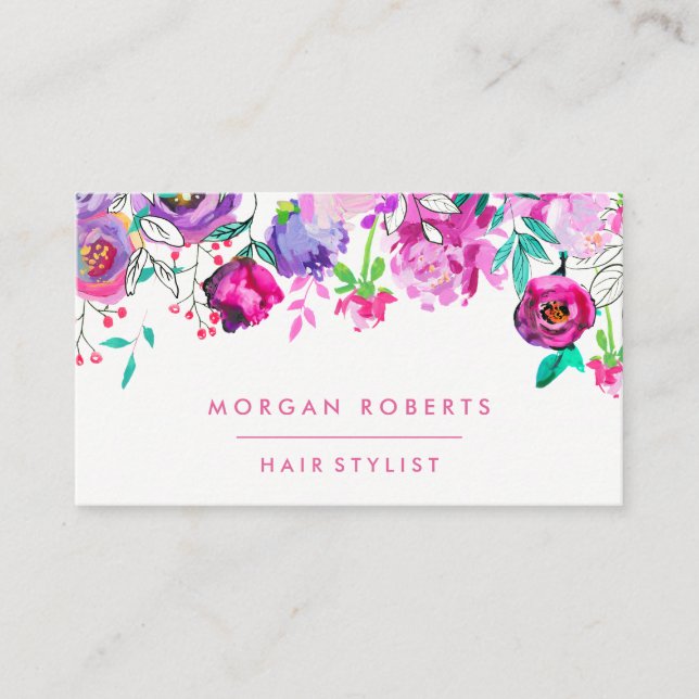 Tarjeta De Visita Bonito Púrpura Mint Floral acuarela (Anverso)