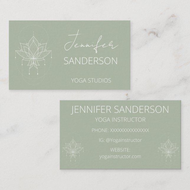 Tarjeta De Visita Bonito Sage Green Boho Floral Lotus Yoga (Anverso / Reverso)