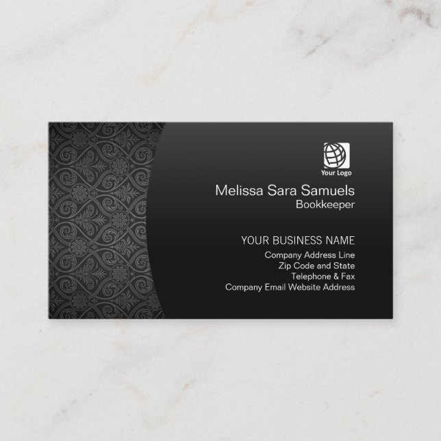Tarjeta De Visita Bookkeeper Finance Services Elegant Black Damask (Anverso)
