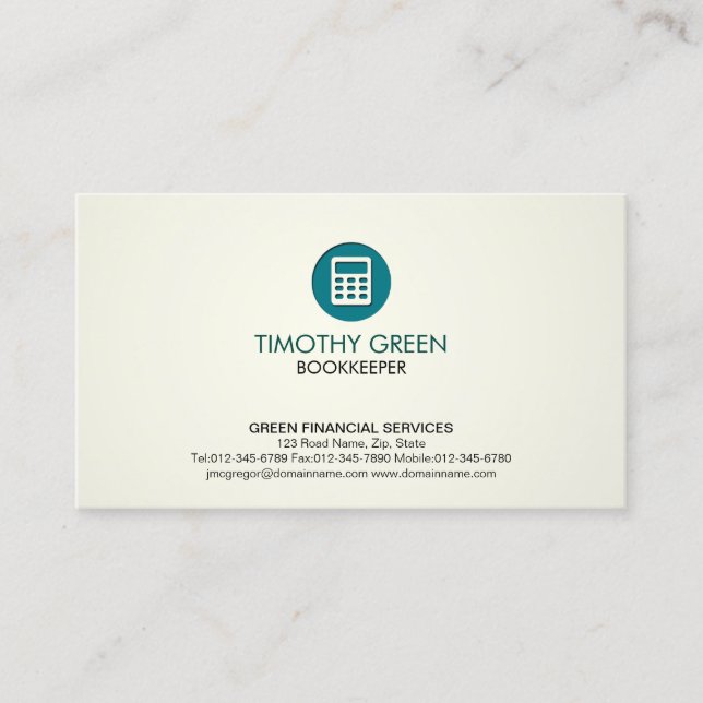 Tarjeta De Visita Bookkeeper Financial Services Calculator GreenIcon (Anverso)