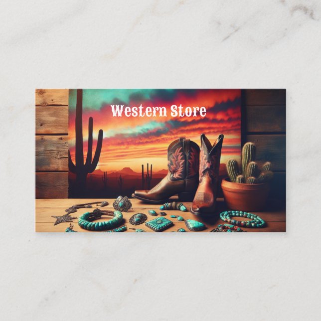 Tarjeta De Visita Boots de vaquero y joyas del suroeste con Cactus (Anverso)