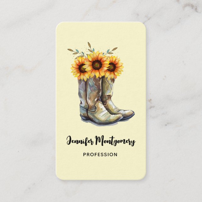 Tarjeta De Visita Boots rústicos de vaquero con girasoles (Anverso)