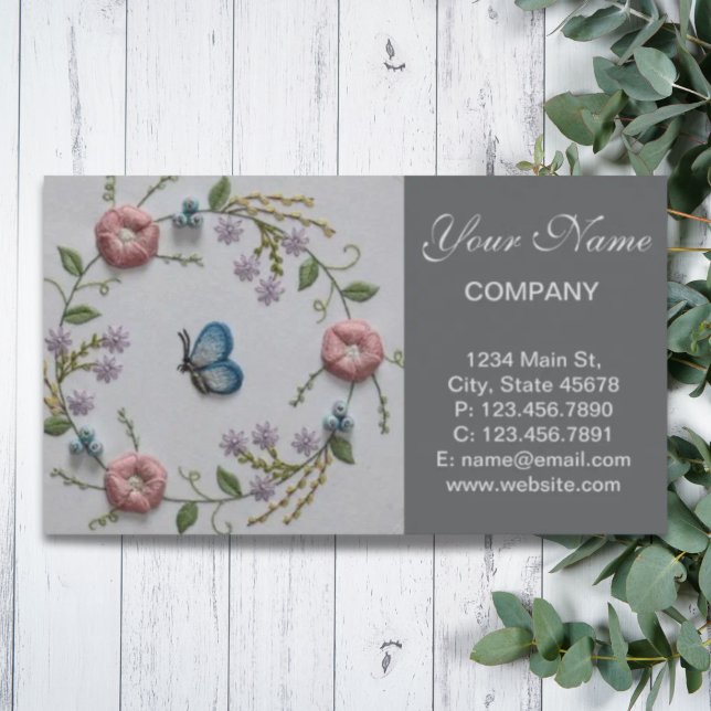 Tarjeta De Visita Bordado rosa verde menta Mariposa azul floral (mint green pink Embroidery Floral blue Butterfly Business Card)