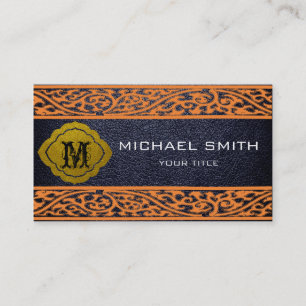 Tarjeta De Visita Borde de Damasco de Naranja de cuero negro