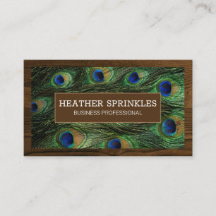 Tarjeta De Visita Borde de grano de madera   Peacock Feathers