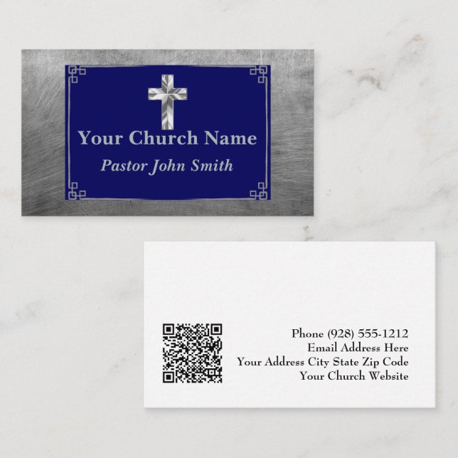 Tarjeta De Visita Borde elegante de cruz azul pastor plateado de la  (Anverso / Reverso)