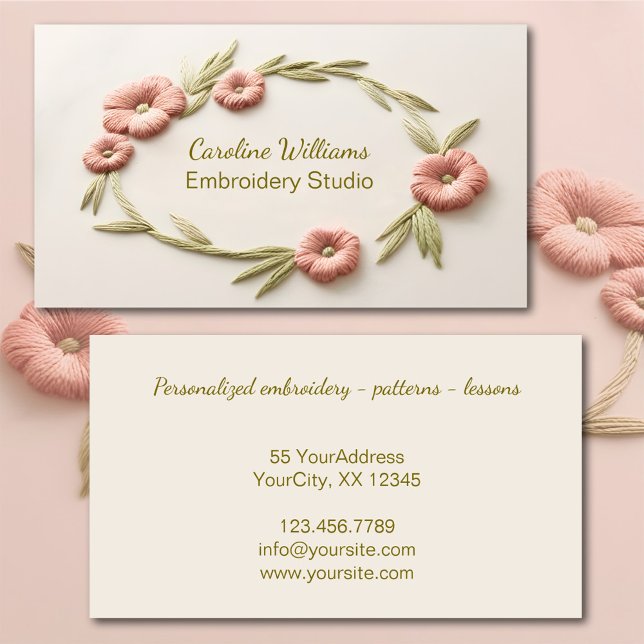 Tarjeta De Visita Borde floral verde rosa (Business card embroidered wreath)