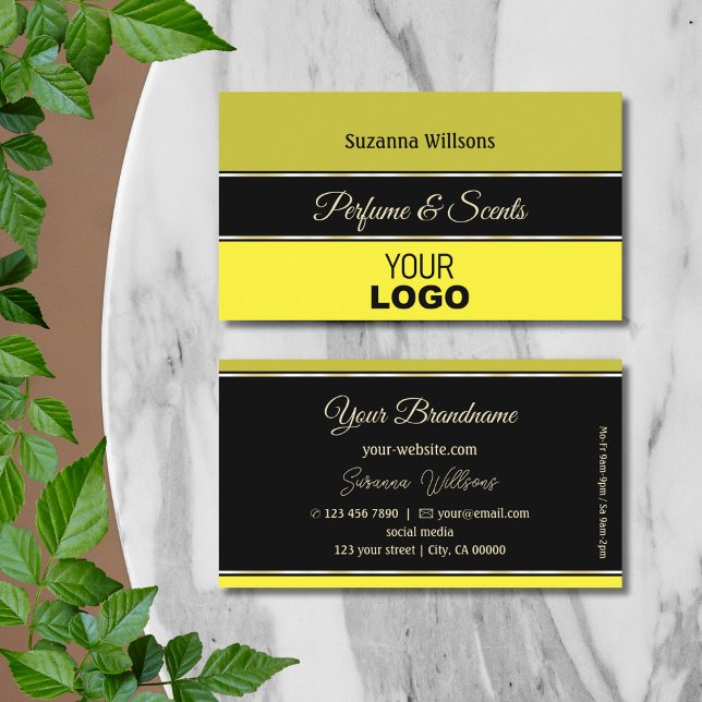 Tarjeta De Visita Bordes amarillos vivos en negro moderno con logoti (Subido por el creador)