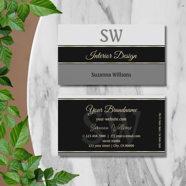 Tarjeta De Visita Bordes Gris elegantes en Moda negra con monograma (Subido por el creador)