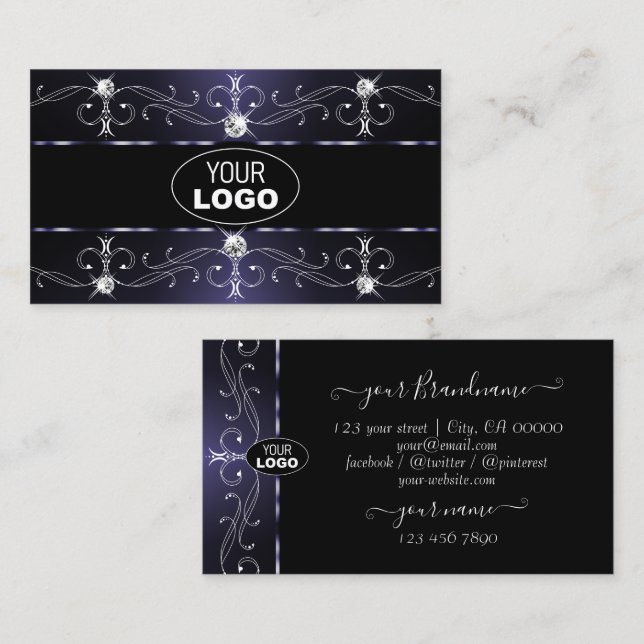 Tarjeta De Visita Bordes ornados blancos blancos oscuros y elegantes (Anverso / Reverso)