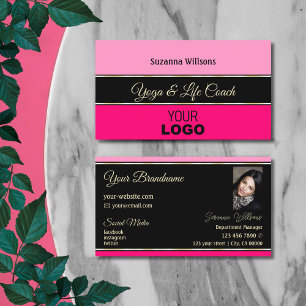 Tarjeta De Visita Bordes rosa elegantes en negro con logotipo y foto