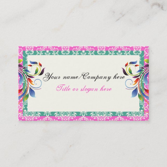 Tarjeta De Visita Bordes verde azulados de damasco rosa de la hoja d (Anverso)