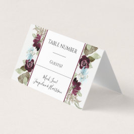 Tarjeta De Visita Borgoña Floral Elegante de Placecards Blue Foliage