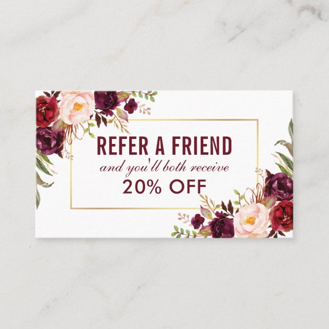 Tarjeta De Visita Borgoña Floral Elegante Gold Frame Referral (Anverso)