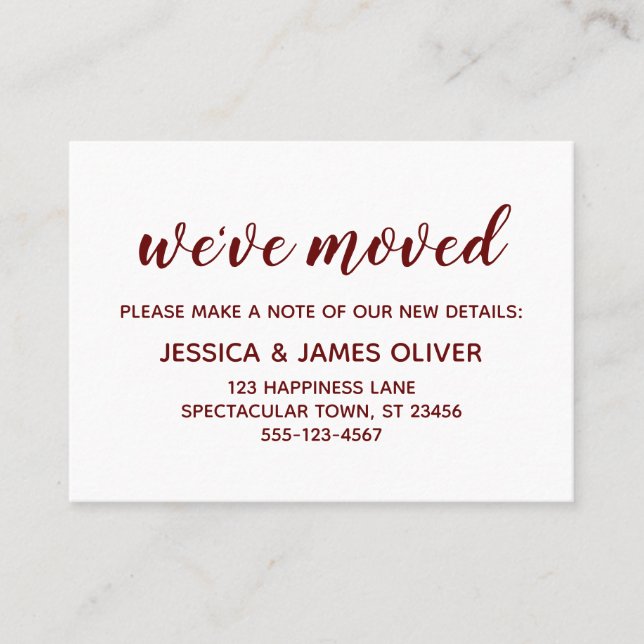 Tarjeta De Visita Borgoña mínima en la carta blanca "Nos hemos mudad (Anverso)