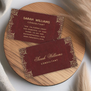 Tarjeta De Visita Borgoña Oro Vintage Elegante Caligrafía Rojo