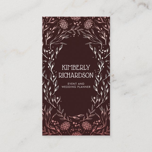 Tarjeta De Visita Borgoña y Rosa floral de oro elegante (Anverso)
