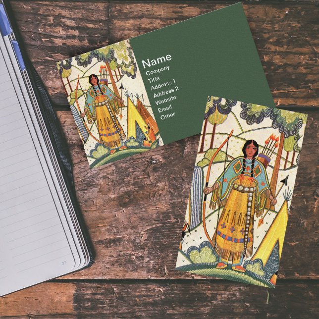 Tarjeta De Visita Bosque de aldea de nativas nativas nativas nativas (Native American lady by teepee bow arrow embroidered look green business cards.)