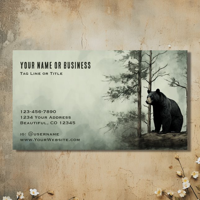 Tarjeta De Visita Bosque rústico simple de bosques de oso negro (Front - Simple Black Bear Rustic Woodland Forest Business Card)