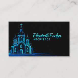 Tarjeta De Visita Bosquejo de Iglesia Ortodoxa Azul sobre Fondo Negr