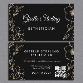 Tarjeta De Visita Botanical Black QR Code Esthetician Floral