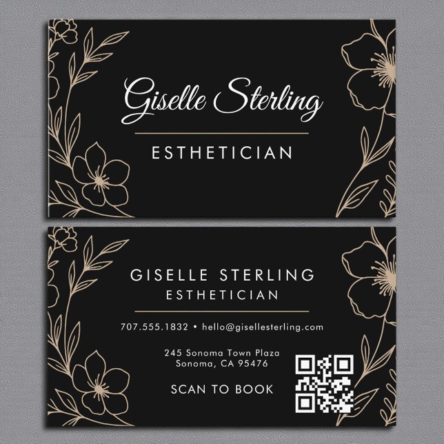 Tarjeta De Visita Botanical Black QR Code Esthetician Floral (Subido por el creador)