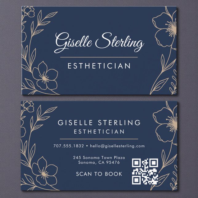 Tarjeta De Visita Botanical Navy Blue QR Code Esthetician Floral (Subido por el creador)