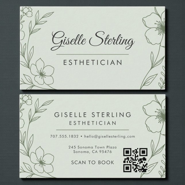 Tarjeta De Visita Botanical Sage Green QR Code Esthetician Floral (Subido por el creador)