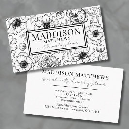 Tarjeta De Visita Botánico Elegante Moderno Floral Blanco Negro