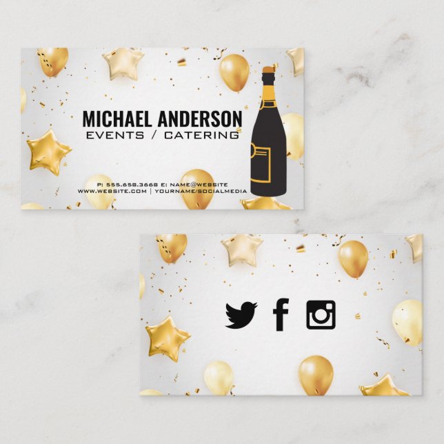 Tarjeta De Visita Botella de champán / Confetti y globos (Anverso / Reverso)